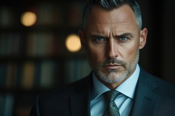 Poster - A serious, middle-aged man in a suit, intense gaze, library background.