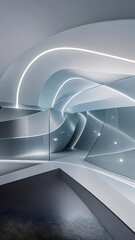 Aufkleber - 白と青の幾何学的なデザインの未来的なインテリア空間 ライトと影が織りなす3D建築の抽象的背景