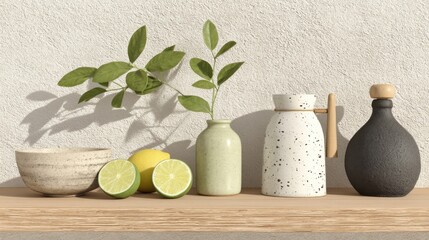 Poster - Minimalist still life arrangement with lemons, vases, and a wooden shelf.