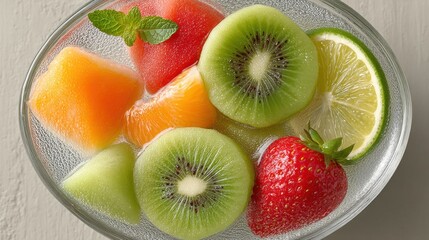 Poster - Overhead shot of a refreshing fruit salad in a clear glass bowl on a table