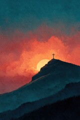 Fototapete - Spiritual landscape with an empty cross and sun rising behind a mountain.