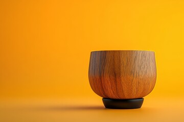 Poster - Empty wooden bowl on a dark base against an orange background.