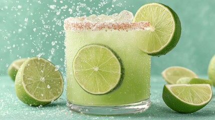 Poster - Refreshing margarita cocktail with lime slices, salt rim, and water droplets.