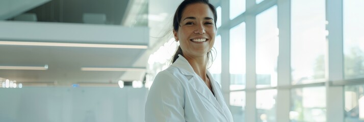 Poster - Smiling female doctor in a modern hospital corridor. Healthcare professional in a clinical environment.
