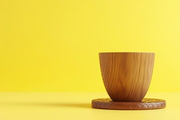 Poster - Empty wooden bowl on a yellow background.