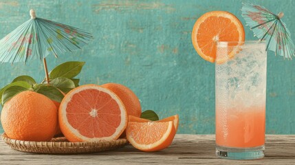 Poster - Refreshing summer cocktail with oranges, ice, and decorative umbrellas on a wooden table.