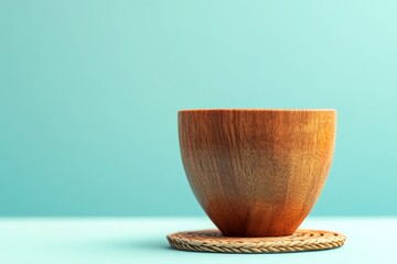 Poster - Simple wooden bowl on a light teal background.