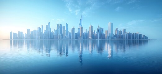Aufkleber - 水面に映る未来都市の青い風景 建築物と空の幻想的な光景 美しい現代的なデザイン