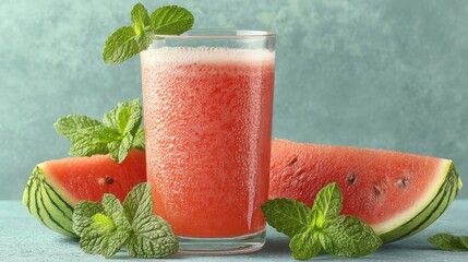 Poster - Refreshing watermelon juice with mint leaves and watermelon slices on a blue surface