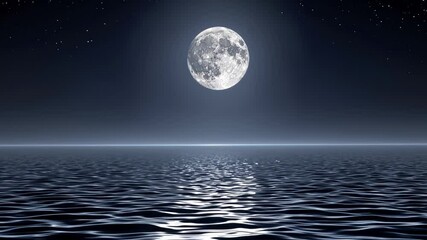 Wall Mural - Moonlight casting silvery glow across calm ocean surface, creating ethereal path beneath starry night sky and revealing mysterious, romantic seascape