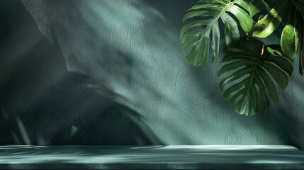 Fototapete - Sunlight streams through a window, highlighting a textured green wall. A large monstera leaf adds a touch of nature to the serene atmosphere in the indoor setting
