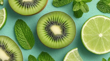 Poster - Vibrant arrangement of kiwi, lime, and mint leaves against a teal background