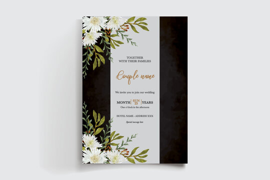 WEDDING INVITATION FRAME WITH FLOWER DECORATIONS AND FRESH LEAVES