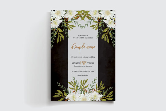 WEDDING INVITATION FRAME WITH FLOWER DECORATIONS AND FRESH LEAVES