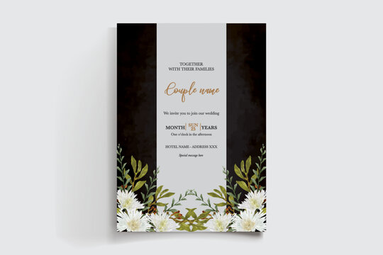 WEDDING INVITATION FRAME WITH FLOWER DECORATIONS AND FRESH LEAVES