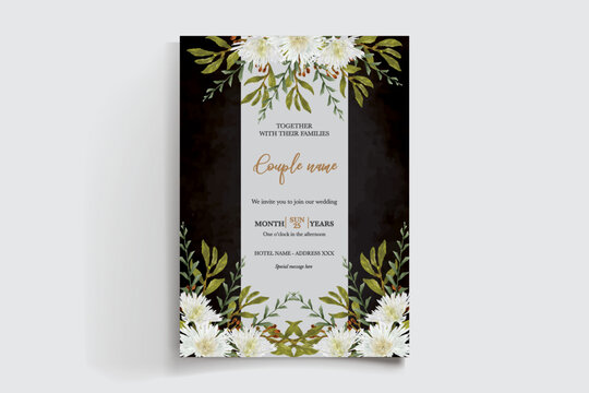WEDDING INVITATION FRAME WITH FLOWER DECORATIONS AND FRESH LEAVES