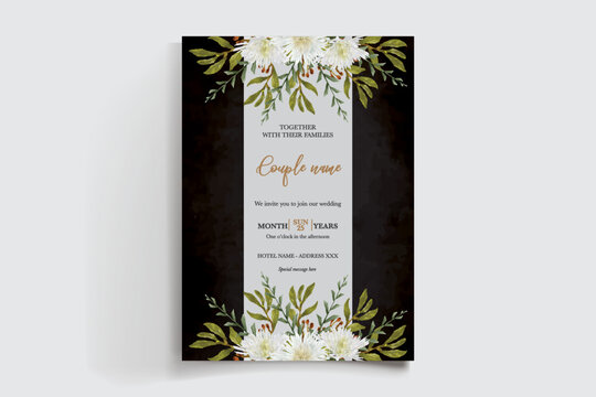 WEDDING INVITATION FRAME WITH FLOWER DECORATIONS AND FRESH LEAVES