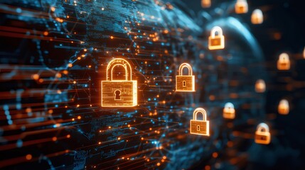 Aufkleber - デジタルネットワークの安全性を象徴する多数の輝く金色の南京錠と青い背景