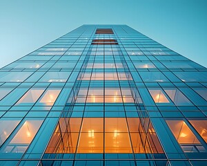 Poster - Creative office space with a transparent glass facade and skyline