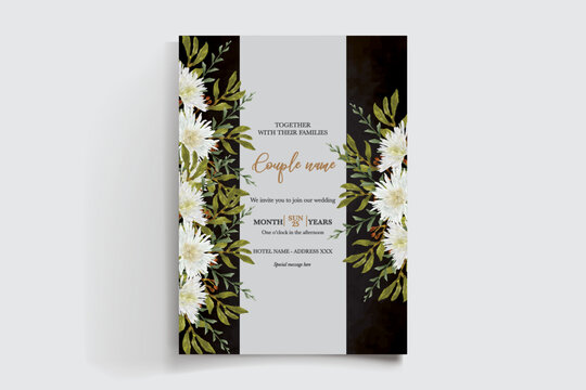 WEDDING INVITATION FRAME WITH FLOWER DECORATIONS AND FRESH LEAVES