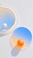 Aufkleber - 二つの円形オブジェクトと球体の抽象的構成 グラデーションと影を備えた青とオレンジ色のグラデーションの背景 白色の背景