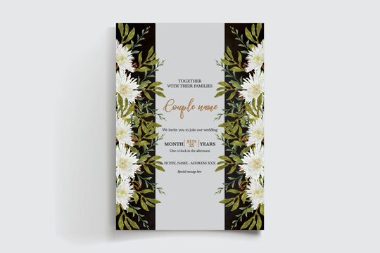 WEDDING INVITATION FRAME WITH FLOWER DECORATIONS AND FRESH LEAVES