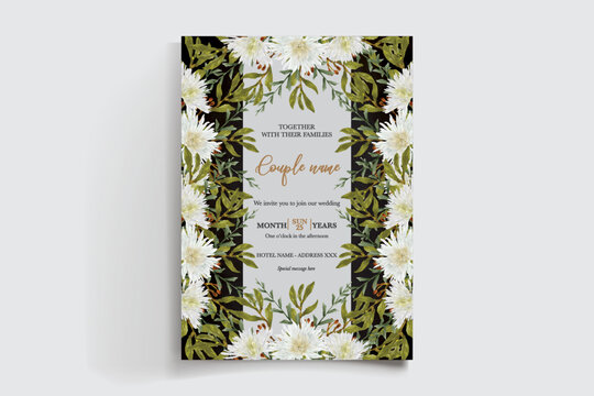 WEDDING INVITATION FRAME WITH FLOWER DECORATIONS AND FRESH LEAVES