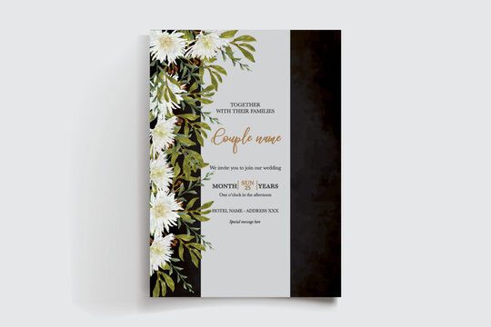 WEDDING INVITATION FRAME WITH FLOWER DECORATIONS AND FRESH LEAVES