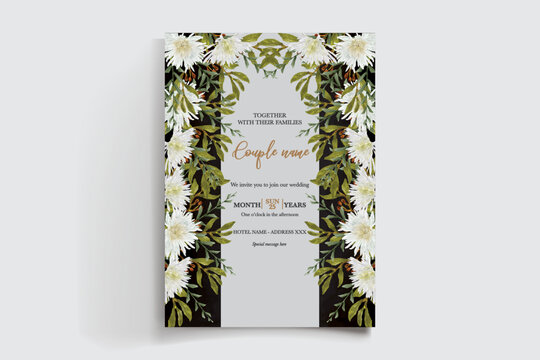 WEDDING INVITATION FRAME WITH FLOWER DECORATIONS AND FRESH LEAVES