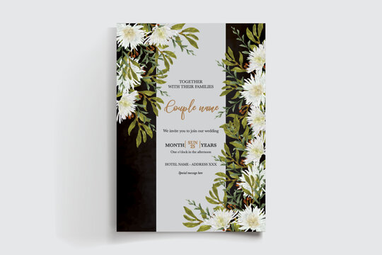WEDDING INVITATION FRAME WITH FLOWER DECORATIONS AND FRESH LEAVES