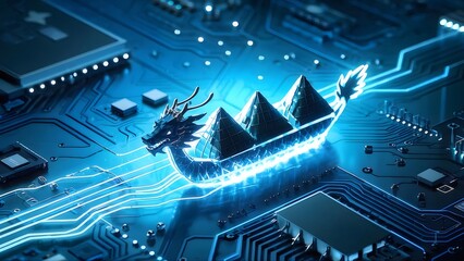 Poster - 青い光を放つデジタルドラゴンのグラフィックイラスト 回路基板の未来的なデザイン