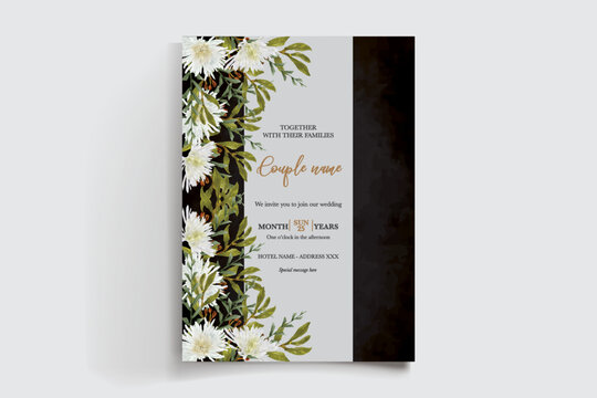 WEDDING INVITATION FRAME WITH FLOWER DECORATIONS AND FRESH LEAVES
