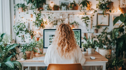Poster - Home Office Sanctuary: Woman Working Surrounded by Lush Indoor Garden