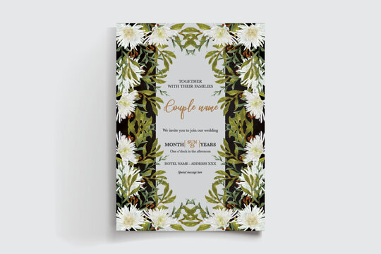 WEDDING INVITATION FRAME WITH FLOWER DECORATIONS AND FRESH LEAVES