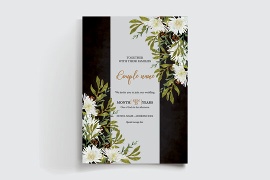 WEDDING INVITATION FRAME WITH FLOWER DECORATIONS AND FRESH LEAVES