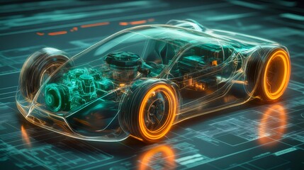 Aufkleber - 透明感のある近未来的な自動車デザイン 内部構造と発光要素が強調されたデジタルアート