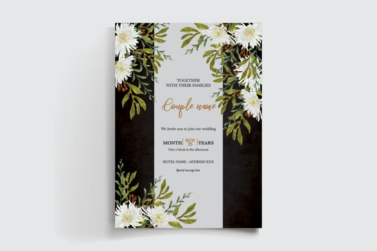 WEDDING INVITATION FRAME WITH FLOWER DECORATIONS AND FRESH LEAVES