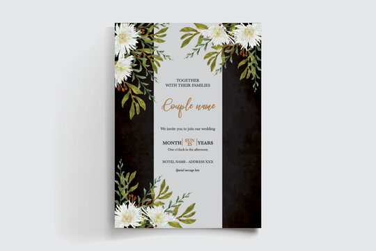 WEDDING INVITATION FRAME WITH FLOWER DECORATIONS AND FRESH LEAVES