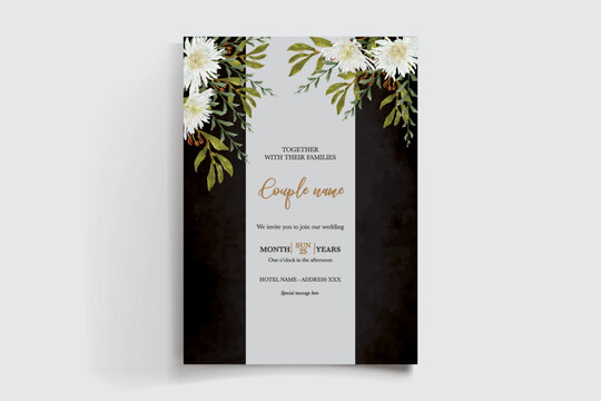 WEDDING INVITATION FRAME WITH FLOWER DECORATIONS AND FRESH LEAVES