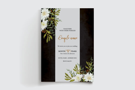 WEDDING INVITATION FRAME WITH FLOWER DECORATIONS AND FRESH LEAVES