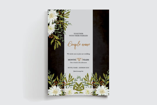 WEDDING INVITATION FRAME WITH FLOWER DECORATIONS AND FRESH LEAVES