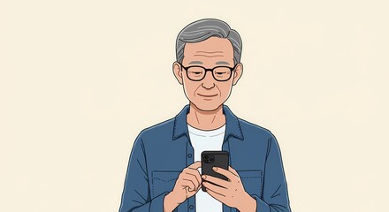 Poster - Illustration of a smiling older gentleman with glasses interacting with a smartphone displaying modern connectivity and relaxed communication conveying technological understanding
