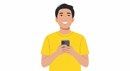 Poster - Smiling young man holding a mobile phone with modern flat vector illustration for vibrant communication and connectivity projects demonstrating modern technology use