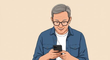 Poster - Cartoon illustration of an elderly man enjoying modern technology with his smartphone, creating a connection and demonstrating effortless interaction