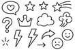 © umut hasanoglu - Black Outline Doodle Icons Including Stars, Cloud, Crown, Lightning, Arrows, and Emoticons