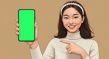 Poster - Cheerful asian woman presents a smartphone with a green screen, showcasing mobile application interface with a friendly smile, ideal for tech and lifestyle
