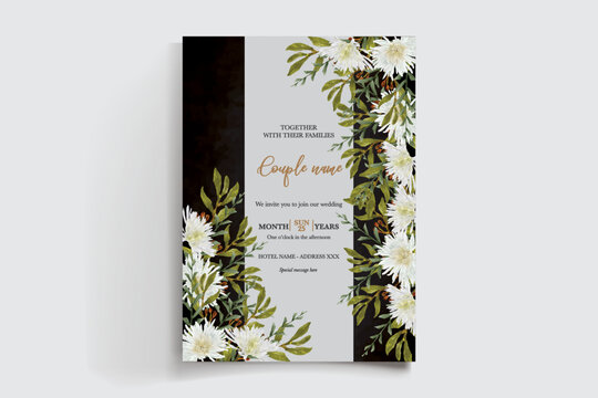 WEDDING INVITATION FRAME WITH FLOWER DECORATIONS AND FRESH LEAVES