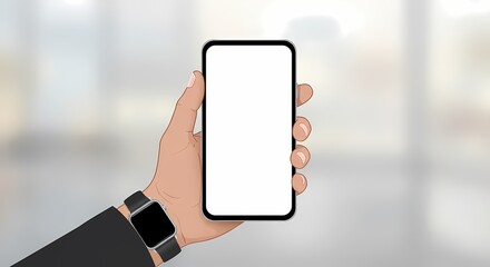 Poster - Hand holding smartphone featuring blank screen, suitable for mockups, app promotions, or UI design showcase with modern timepiece