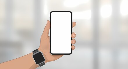 Poster - Hand holding modern smartphone with a blank white screen and smartwatch, displaying its contemporary design and connectivity in a digital world