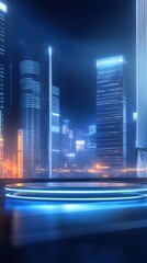 Poster - 光輝く未来都市の夜景 青色のネオンライトと高層ビルのシルエットが印象的なデジタルアート